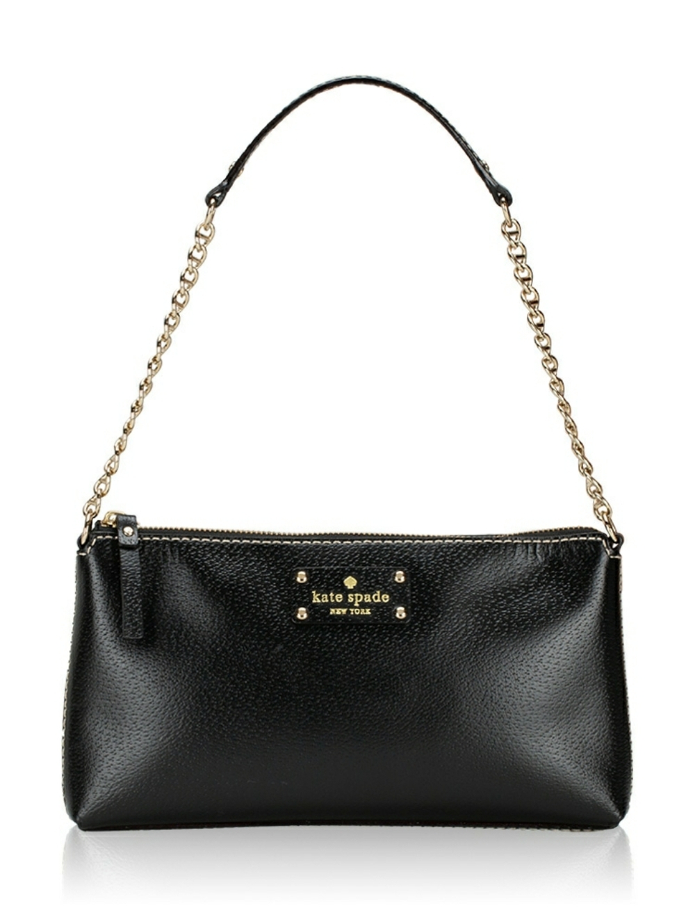 Kate Spade Black Leather Wellesley Byrd Clutch Handbag with Chain Accent Handle